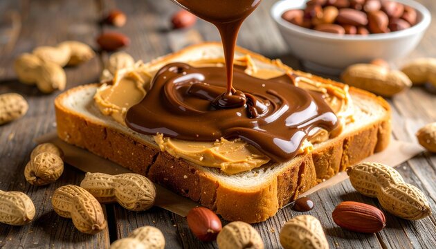 Slice of bread with peanut butter, chocolate sauce pouring over, surrounded by peanuts on rustic wood. A rich metaphor for indulgence, texture, and the layered intimacy of comfort food.
