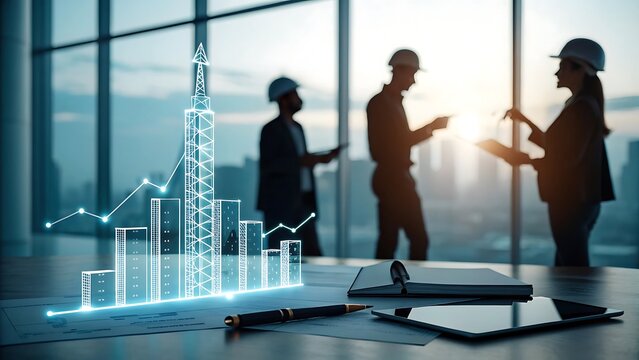 A futuristic office with  blurred silhouettes of engineers people discussing strategy, while glowing construction project rise from the table surface.