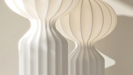 Modern, minimal white fluted, curved, lamp shape poles in sunlight on wall for luxury, elegant fashion, beauty, cosmetic, skincare, body care product display background 3D