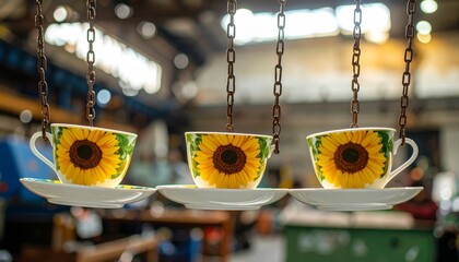 Suspended sunflower teacups and saucers hanging by chains in an industrial setting—delicate porcelain meets rugged machinery, evoking whimsy, contrast, and surreal domesticity.
