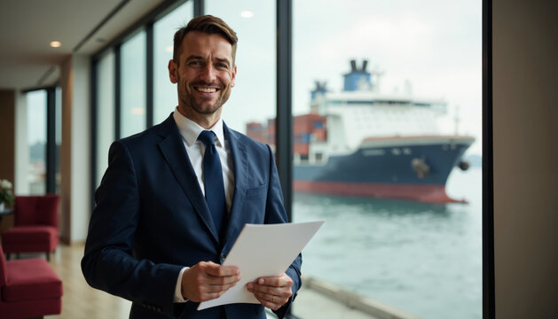 Confident businessman in a suit holding documents at a harbor with a cargo ship in the background.