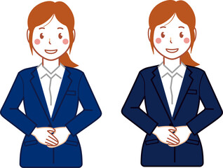 ネイビースーツ、ポニーテールの手を前で重ねる若い女性