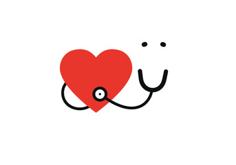 A red heart is encircled by a black stethoscope creating a symbolic representation of cardiac health and medical examination