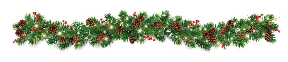 Horizontal Christmas garland with pine cones, fir branches, holly berries, glowing lights, and ribbons. Perfect for holiday banners, cards, and party posters. Transparent background in vector file. © Olga Prozorova