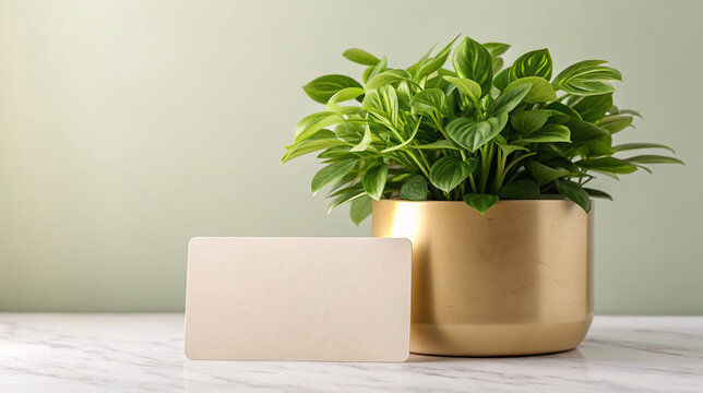 Elegant indoor plant in golden pot on marble table with blank card for personalized message