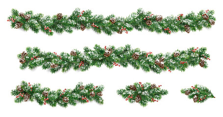 Horizontal Christmas garland with snowy fir branches, pine cones, and holly berries. Festive design for winter banners, cards, invitations, and seasonal posters. Transparent background in vector file.
