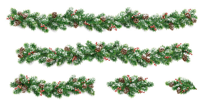 Horizontal Christmas garland with snowy fir branches, pine cones, and holly berries. Festive design for winter banners, cards, invitations, and seasonal posters. Transparent background in vector file. - Powered by Adobe