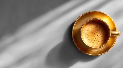 Sleek golden coffee cup with soft shadow on a white minimalist background, ideal for luxury branding and marketing campaigns, offering plenty of room for overlay text and promotional content.
