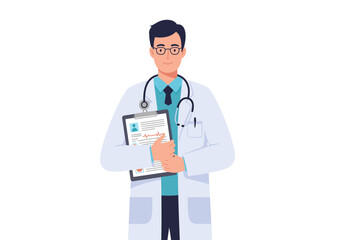 Doctor with glasses holds clipboard wearing lab coat and stethoscope