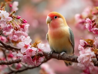 Japanese Lovebird Grace: Peach-Faced Pet on Blooming Cherry Blossom Branch