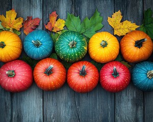 Colorful autumn pumpkins and leaves arranged on rustic wooden background for fall season