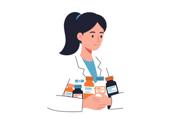 Woman in lab coat holds medicine bottles in her arms