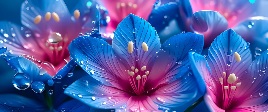Beautiful purple crocus flowers with dew drops bloom in a close-up abstract garden setting, creating a vibrant floral background