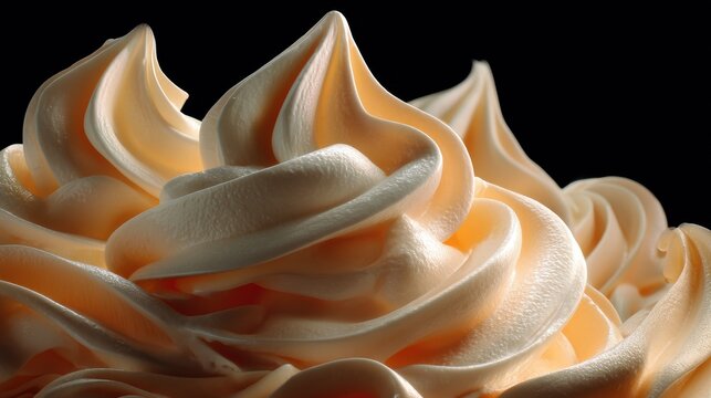 Smooth creamy swirl in off-white on black, bakery cake decoration, pastry promotion, beauty cream texture, culinary piping technique

