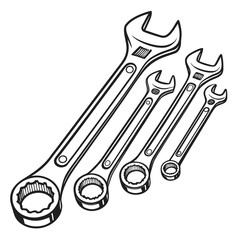 Set of four different sized wrenches arranged diagonally on a white background with a black outline illustration