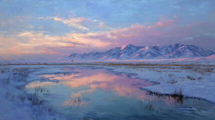 Obraz premium Snowy landscape with mountains at sunset reflecting on a calm lake in winter