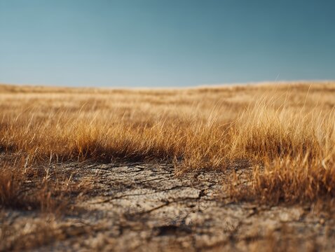 Wide-angle shot of an expansive dry grassland with visible cracks in the soil leading towards the horizon, under a bright sky, highlighting the severity of water scarcity and lsand dunes in the desert