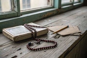 Rosary, pencil, and notebook rest on rustic wood near an old window