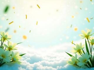 Obraz premium Bright spring celebration background with flowers, clouds and confetti