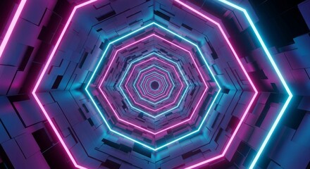 Vibrant neon hexagonal tunnel with futuristic and colorful lights