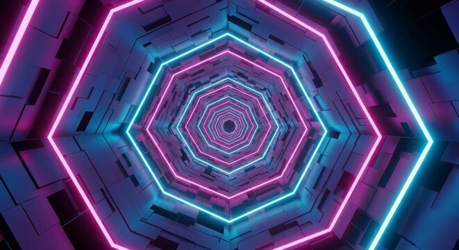 Vibrant neon hexagonal tunnel with futuristic and colorful lights
