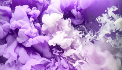 Swirling purple and white ink diffusing in water—forming cloud-like tendrils and soft gradients—capturing fluid motion, abstract emotion, and the delicate dance of color and density.