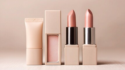 Minimalist neutral shades makeup set featuring foundation, blush, lipstick in soft, neutral shades, captured from a top-down perspective on smooth, pale background with soft lighting,clean, elegant 