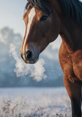 Obraz premium Breathtaking Winter Horse Portrait Chestnut Stallion in Frosty Field