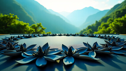 Zen product display podium with flowers overlooking a mountain valley