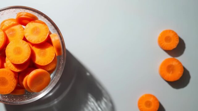 Slow rotation of fresh sliced carrots in glass bowl with shadows