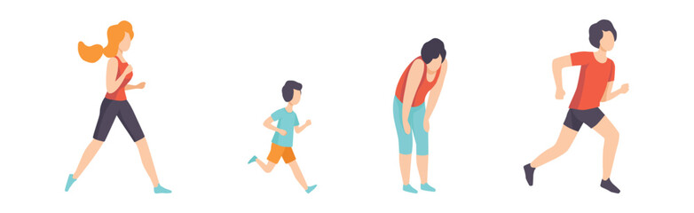 Man and Woman Run Marathon Engaged in Competition Vector Set