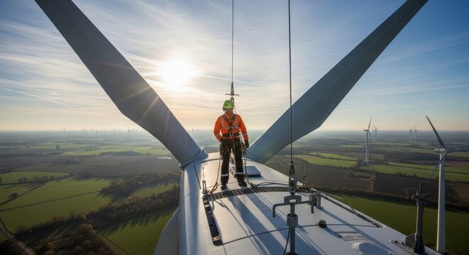 Worker inspecting wind turbine blades under clear sky
