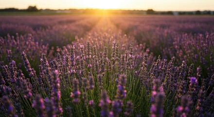 Fototapeta premium A field of purple lavender is set against a sunset where the light glows drawing the viewer to the back