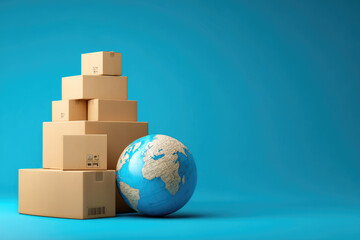 International Delivery icon. International package delivery concept, Global Tariff purchases transportation business, stack of cardboard boxes and Earth globe isolated on blue background