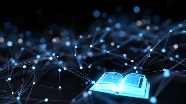 Blockchain network pattern overlaid with glowing blue law book icon, crypto law, sci-tech corporate concept