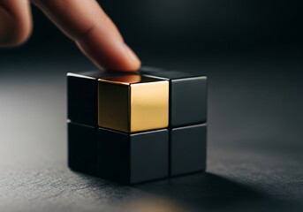 A finger touches a golden cube on a dark background, symbolizing success, strategy, and innovation in business