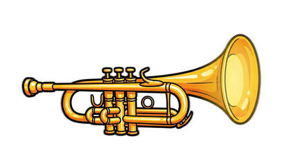 A cartoon illustration of a gold trumpet isolated on a black colored background space