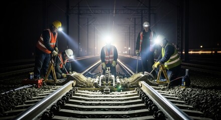 Nighttime railway workers conducting maintenance on tracks