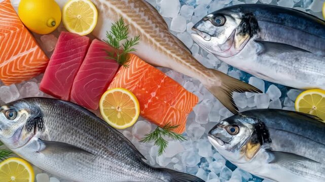 Fresh seafood arrangement with sliced fish and lemon on ice display