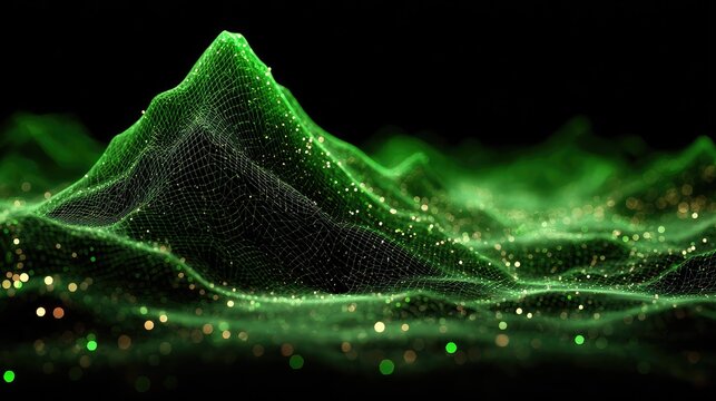 Glowing green digital mountain range