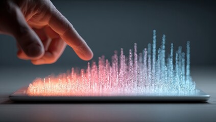 A hand touches a glowing data visualization on a tablet