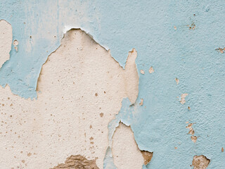 Close-up light blue painted wall with large, peeling sections revealing gray, rough concrete...