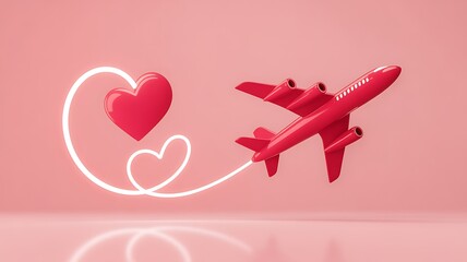 Red airplane flying in a heart shape trail on a pink background
