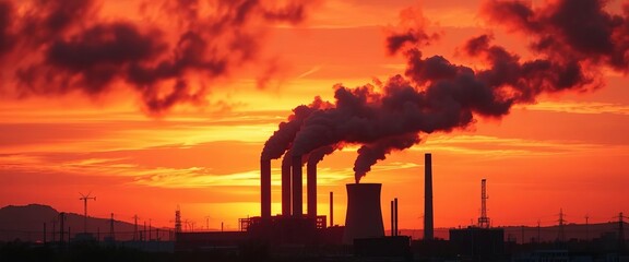 Obraz premium Dark smoke billows from industrial stacks against a fiery sunset, a stark contrast of pollution and urban growth, silhouette, urban sprawl