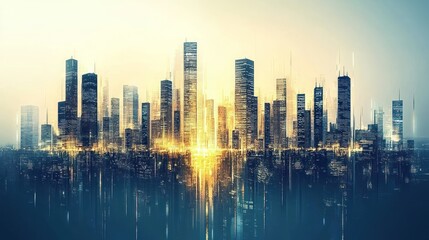 Futuristic city skyline at sunrise with glowing light trails.