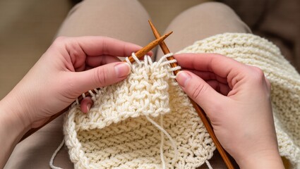 Close-up of hands knitting a textured stitch with wool yarn. A cozy handmade craft with wooden needles for relaxation.