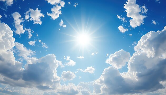 Vibrant sunburst illuminates a blue sky with fluffy white clouds, creating a sense of peace and ethereal beauty - Powered by Adobe