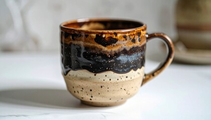 A ceramic mug with earthy glaze rests near green leaves—evoking tactile warmth, emotional grounding, and the choreography of craft, memory, and symbolic stillness in a natural, contemplative setting.