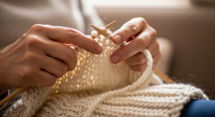 Hands knitting with wooden needles and white wool yarn. Handmade warm clothing hobby for a cozy winter season.