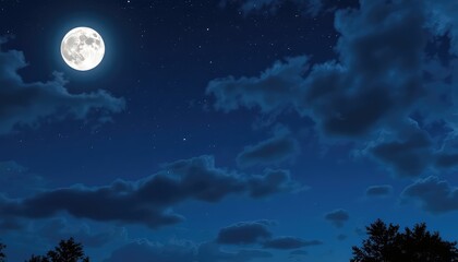 Fototapeta premium Nighttime Scene with a Bright Moon and Moody Clouds Drifting Across a Dark Blue Sky